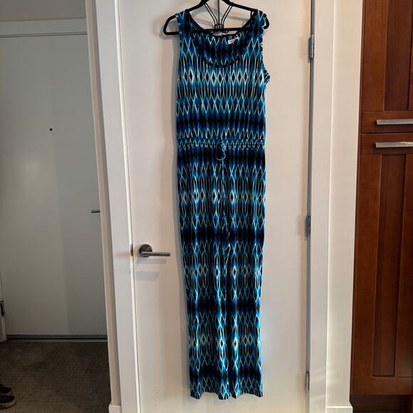 Calvin Klein Scoop Neck Printed Jumpsuit Black Blue White Sleeveless Sz 14 - Picture 3 of 7